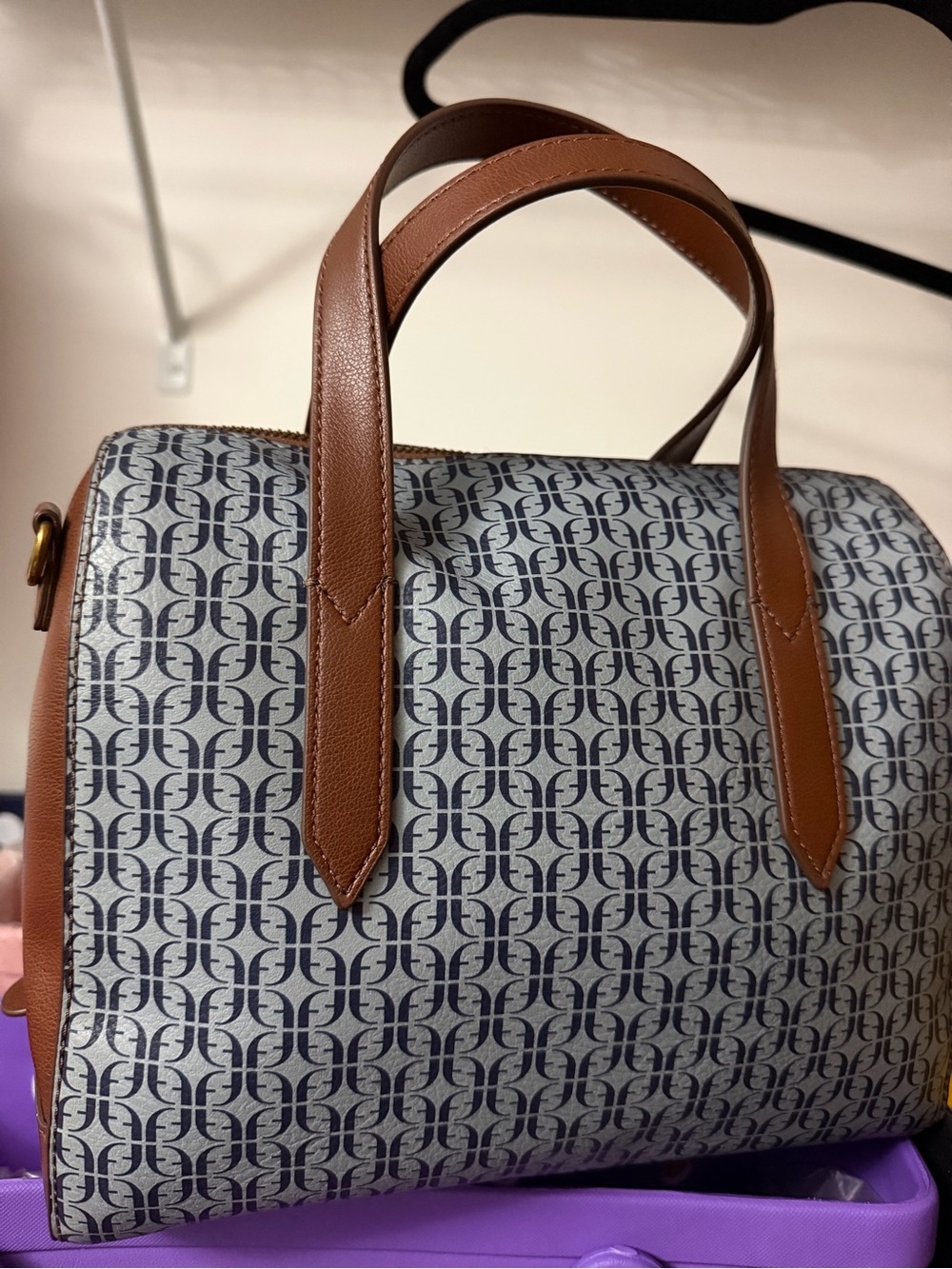 Fossil Navy Monogram Dome Satchel with Brown Leather Trim